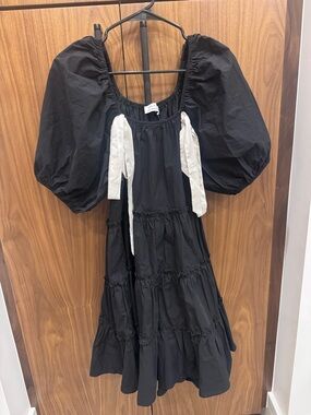 Puff-Sleeve Black Tiered Mini Dress with Cream Bows